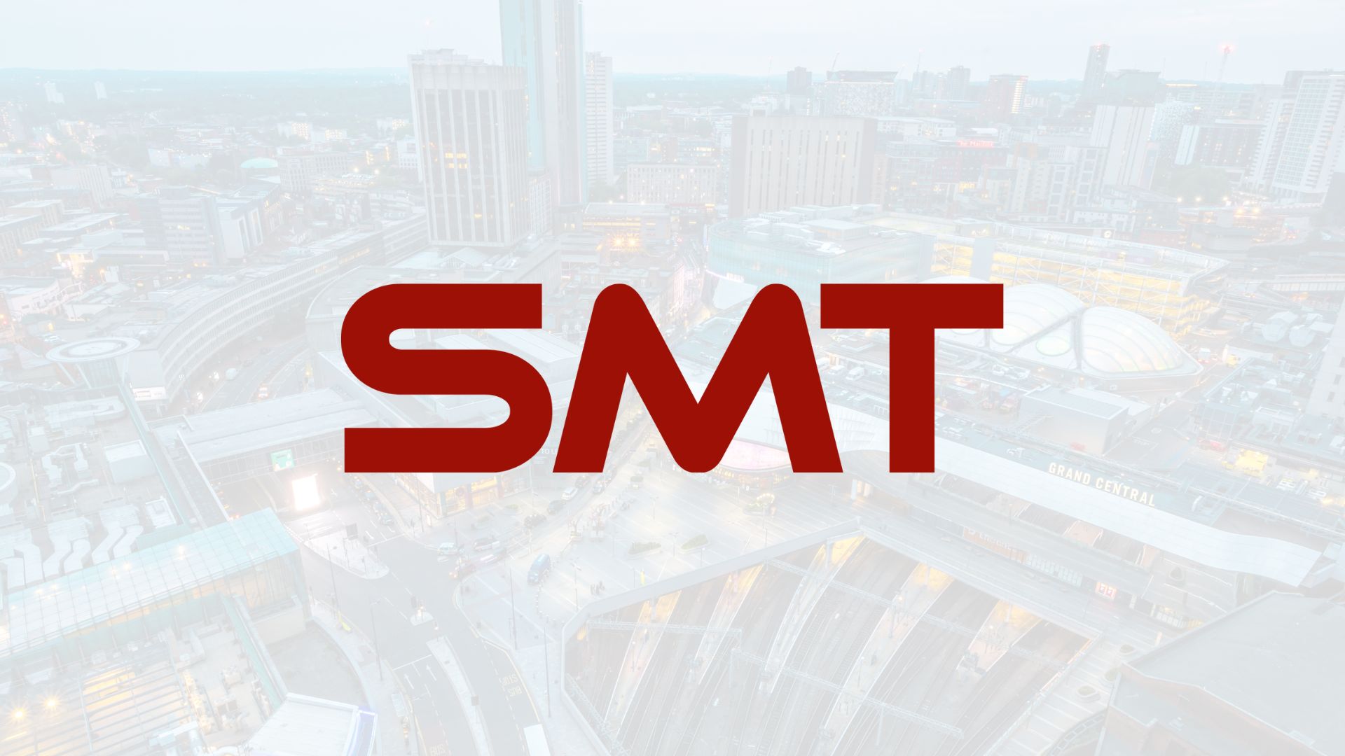 Birmingham cityscape with SMT logo in forefront.