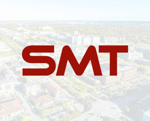 Milton Keynes cityscape with SMT logo in forefront.