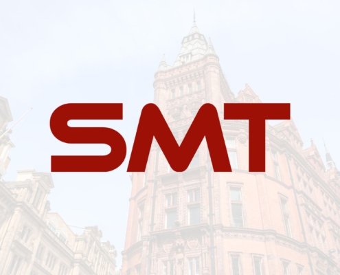 Nottingham cityscape with SMT logo in forefront.