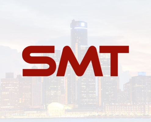 Detroit cityscape with SMT logo in forefront.