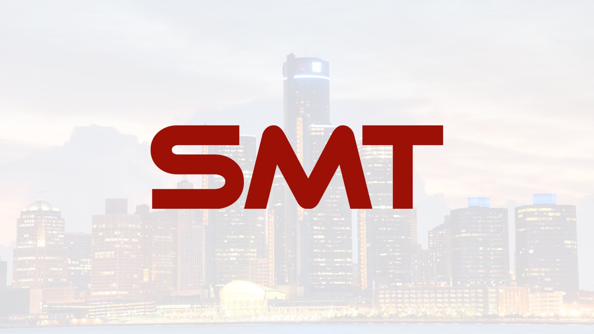 Detroit cityscape with SMT logo in forefront.