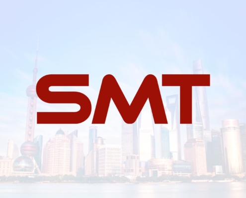 Shanghai cityscape with SMT logo in forefront.