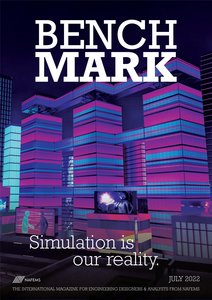 NAFEMS July 2022 magazine cover 'bench mark - simulation is our reality'.