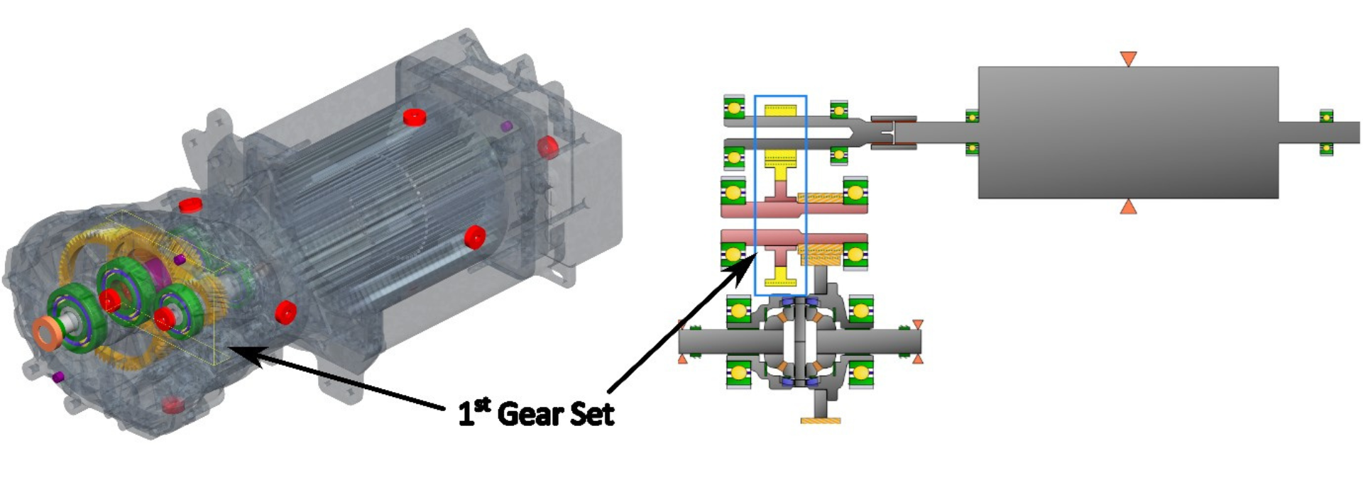 Electric drivetrain example showing gear set.
