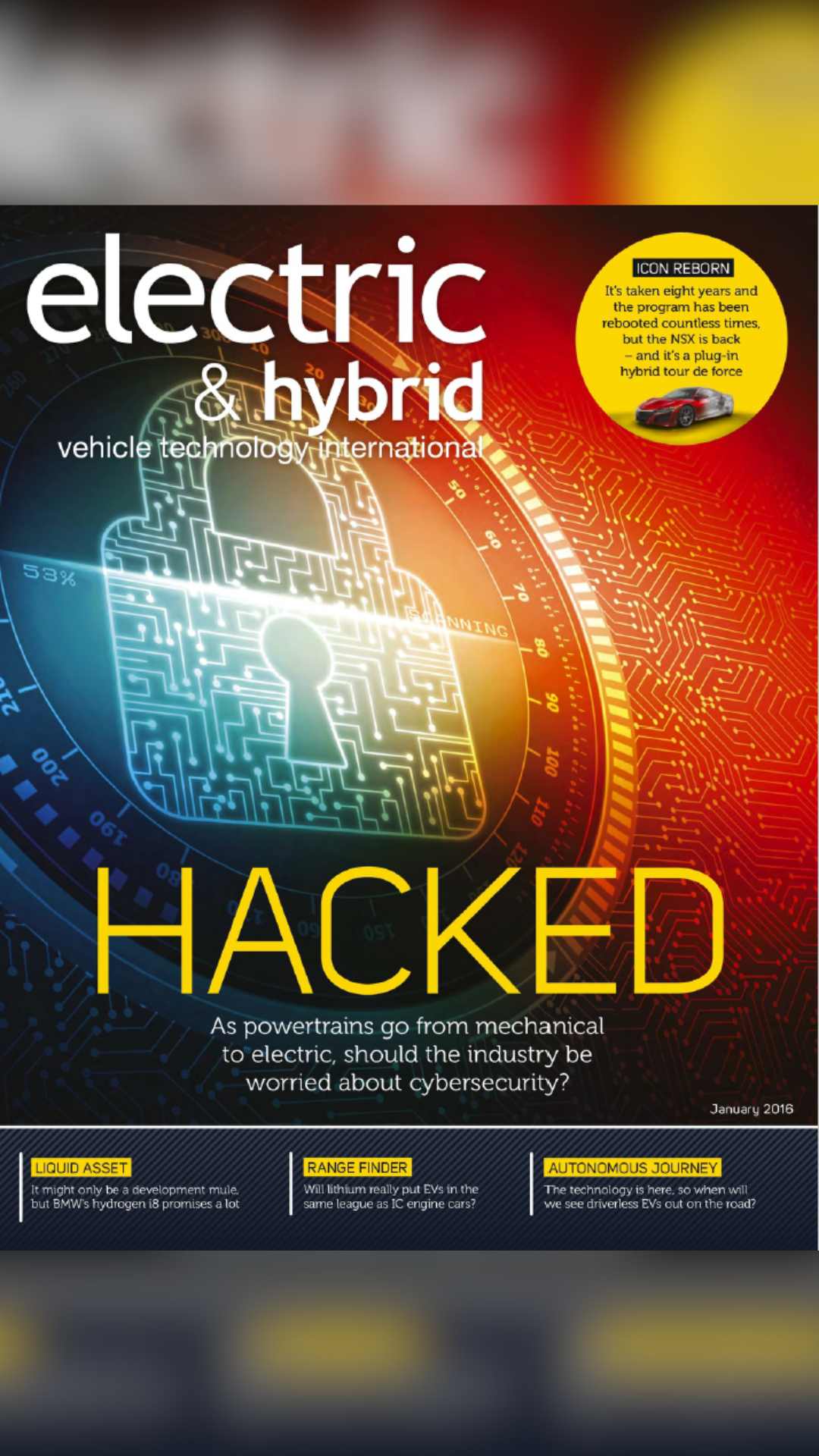 Electric and Hybrid Vehicle Technology International magazine January 2016 front cover 'Hacked'.