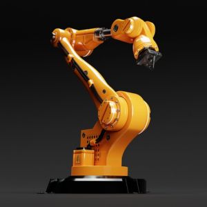 Robotics: Yellow robotic arm for manufacturing.