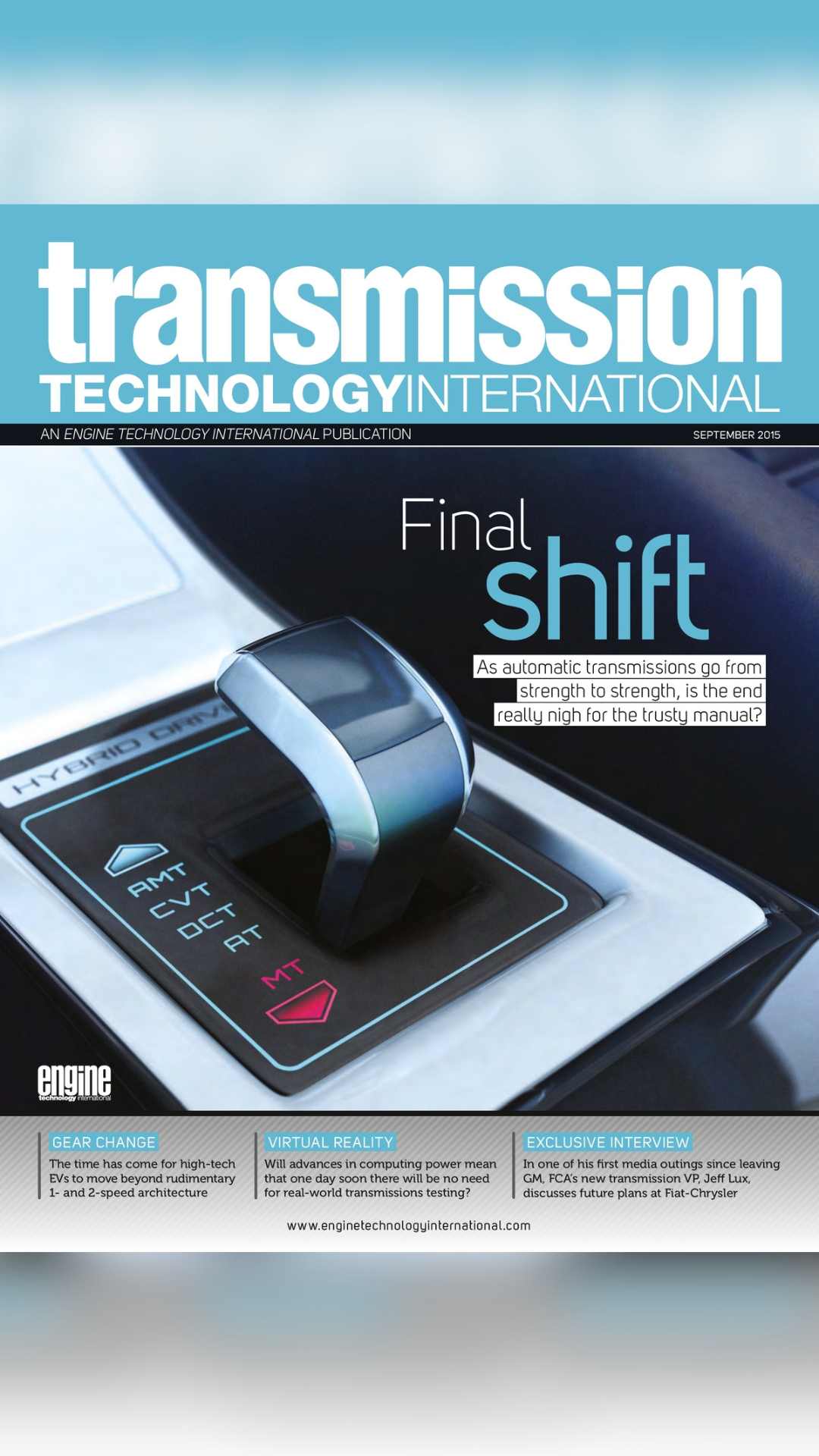 Transmission Technology International Magazine front cover September 2015 'Final Shift'.